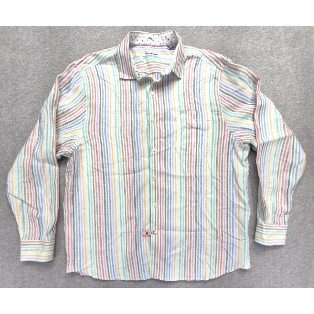Tommy Bahama Shirt Mens XL Pastel Rainbow Stripe Linen Blend Long Sleeve Button